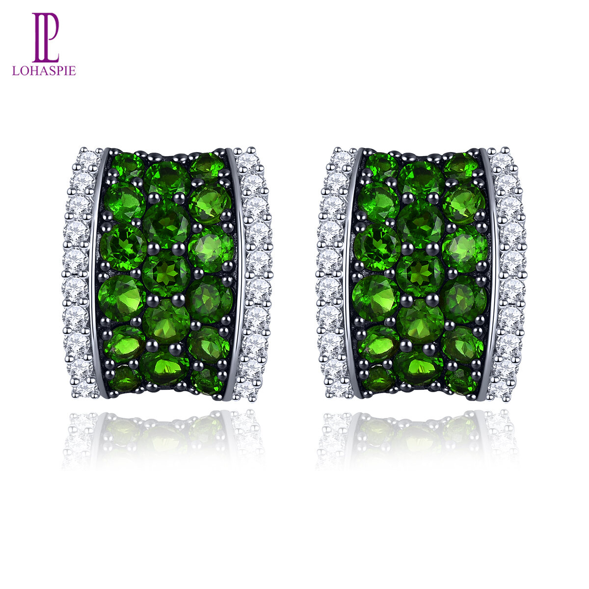Lohaspie Jewelry Genuine 3.5 Carats Clip Earring Silver 925 Original Natural Chrome Diopside Clip Earring Round Cut Gemstone Earrings For Women Sterling Silver 925 Jewelry