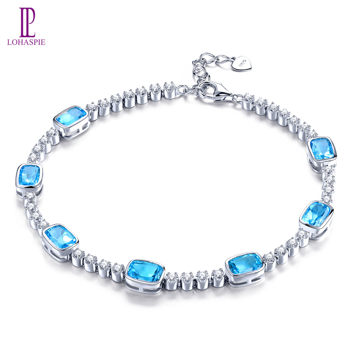 Lohaspie Jewelry 7.5 Carats Sterling Silver 925 Original Natural Swiss Blue Topaz Bracelet Blue Gemstone Topaz Bracelet Women Wedding Party Jewelry Gift