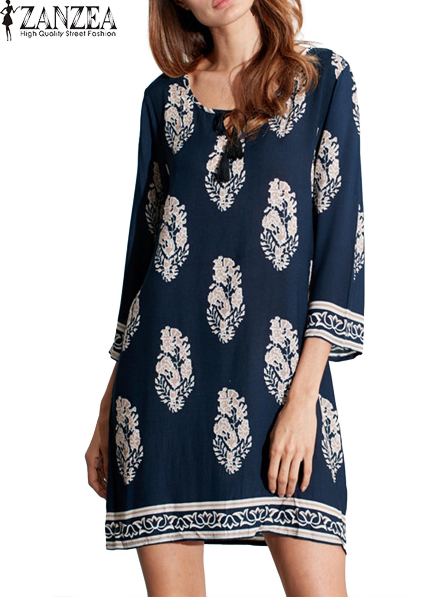 ZANZEA Women Vintage Floral Print Dress Autumn Casual Loose Mini Vestidos Lace Up 3/4 Sleeve Beach Dresses - intl