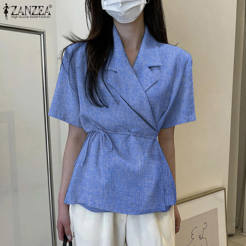 ZANZEA Korean Style Womens Short Sleeve Slims Business Office Plain Lace-up Blazer Suits