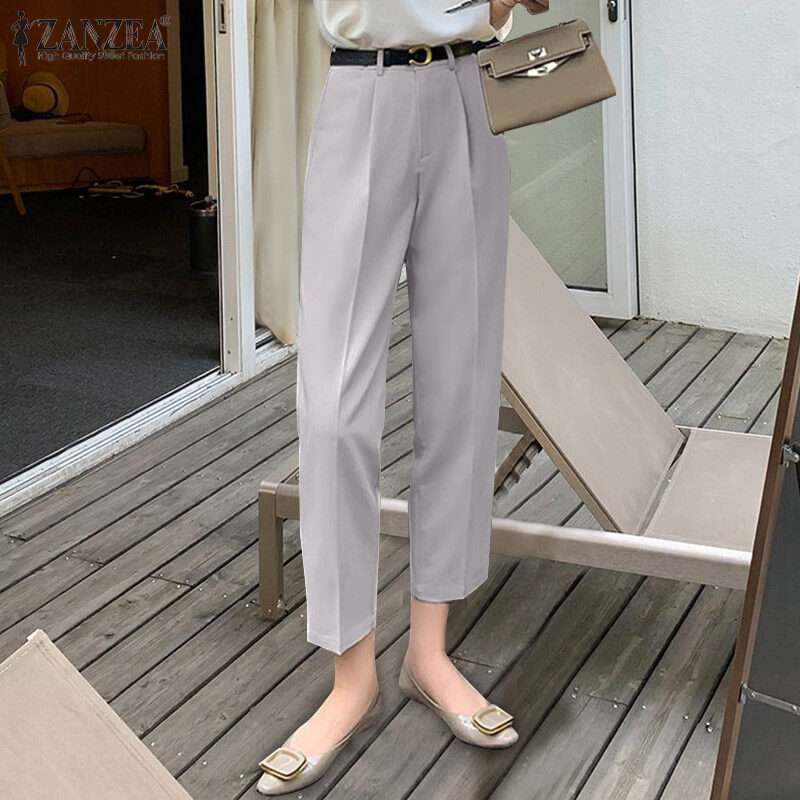 ZANZEA Korean Style Women Plain Casual Trousers Office Lady Commute Long Suit Pants Slacks