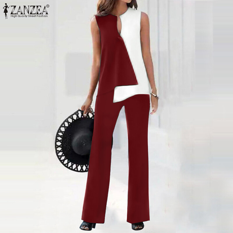 ZANZEA 2PCS Women Outfits Summer Sleeveless Patchwork Irregular Hem Shirt Trousers Suits Set